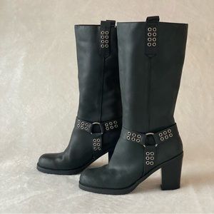 Chinese Laundry Mid Calf Heeled Leather Moto Buster Boot, Black, Size 8.5M
